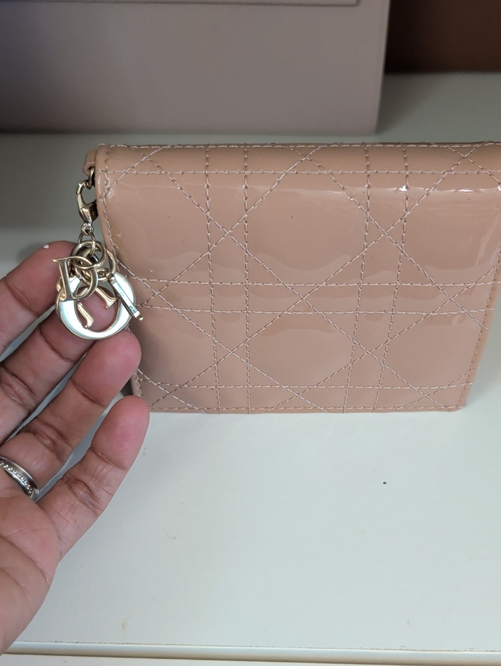 Taupe Patent Leather Zip Wallet with Gold Hardware